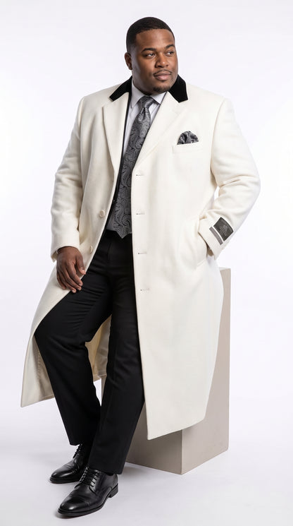 Men's White Cashmere Wool Chesterfield Full-Length Overcoat – Luxury Long Winter Dress Coat with Black Velvet Collar