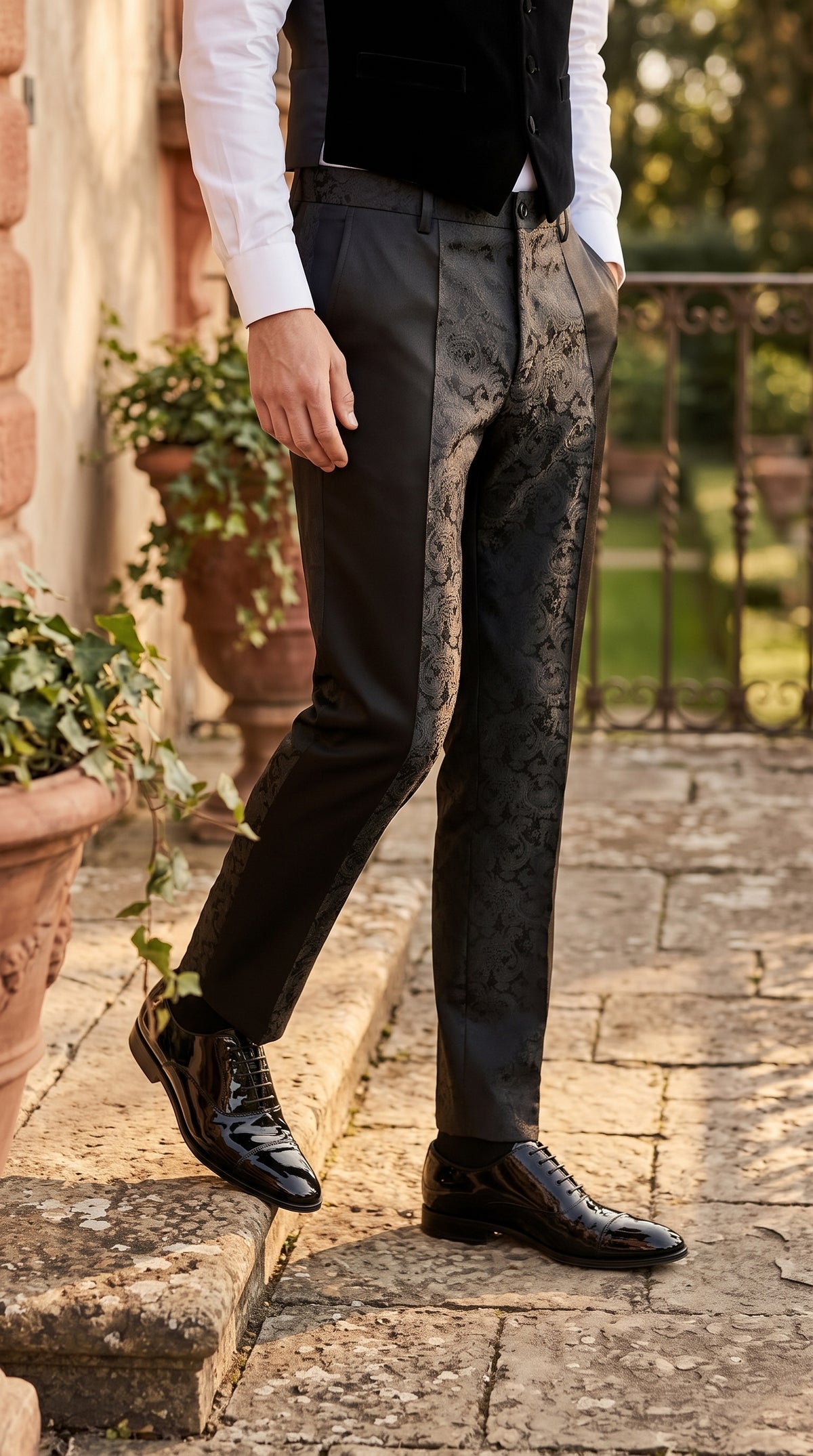 Men’s Black Paisley Dress Pants, Formal Pattern Tuxedo Pants for Weddings Prom and Parties