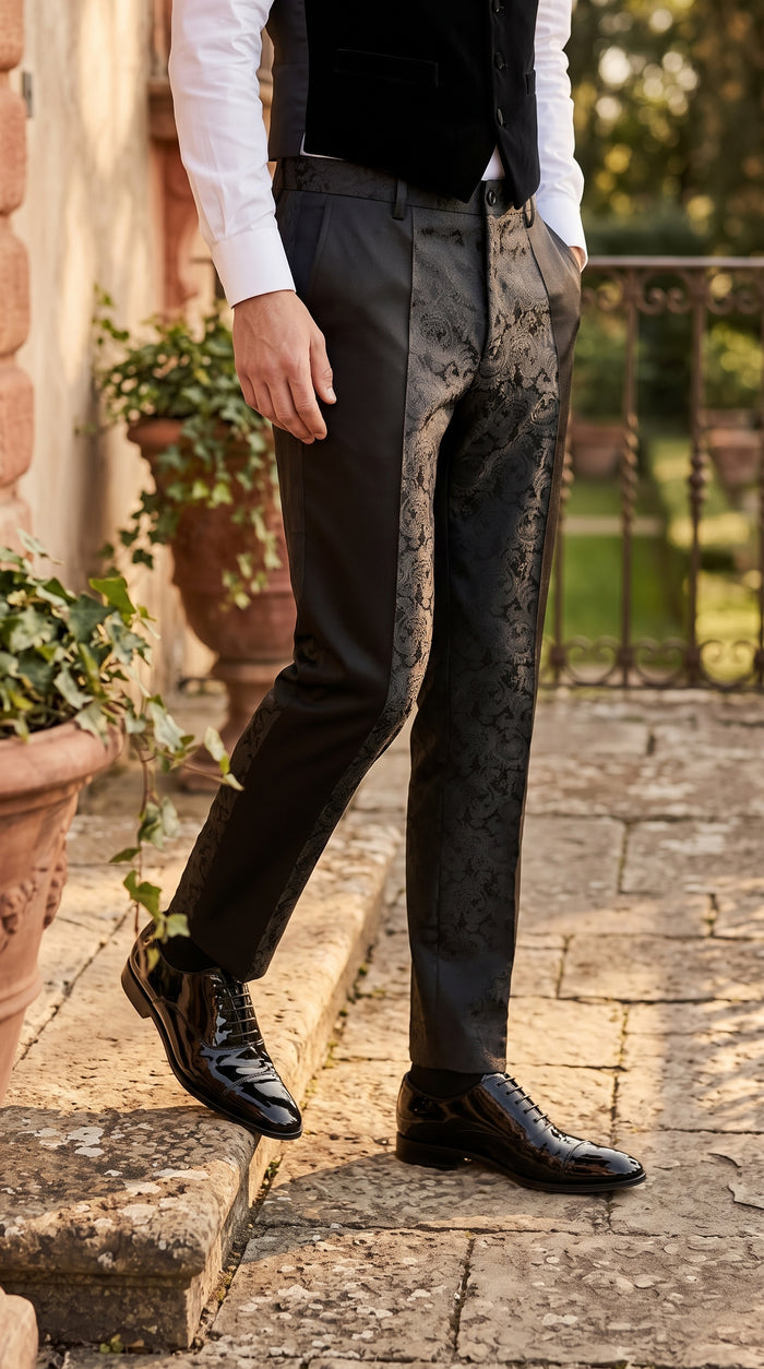 Men’s Black Paisley Dress Pants, Formal Pattern Tuxedo Pants for Weddings Prom and Parties