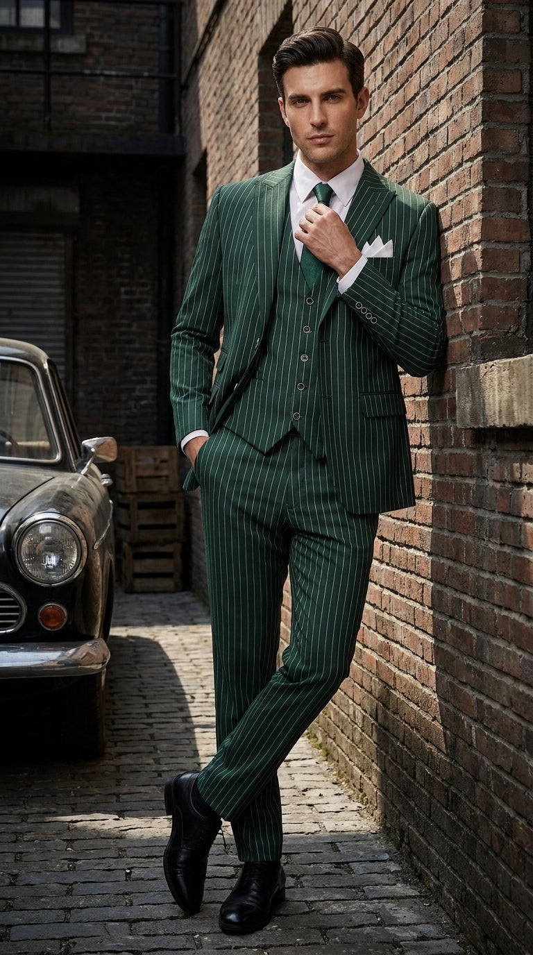 Men’s Hunter Green Great Gatsby Pinstripe Suit, 1920s Gangster 3 Piece Formal Outfit