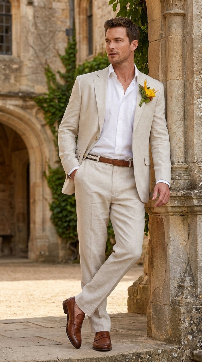 Men’s Natural Sand Linen Suit – Light Tan 2-Piece Summer Beach Wedding Suit