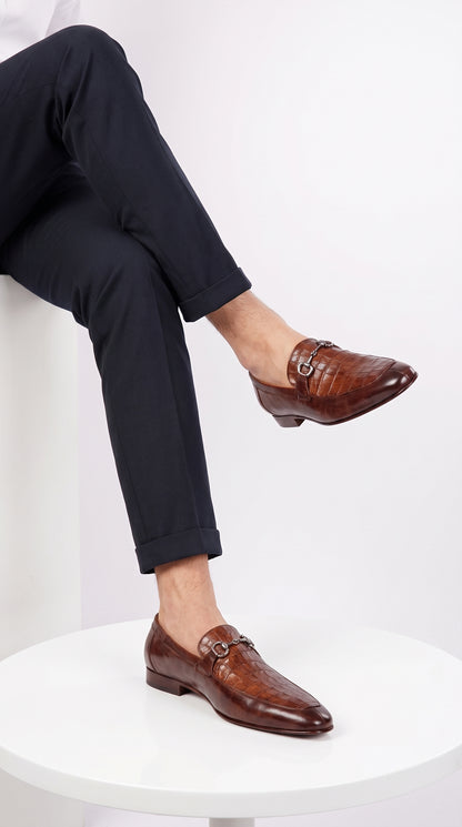 Lombardy Men’s Crocodile & Calfskin Bit Loafers – Brown Almond Toe Exotic Dress Shoes