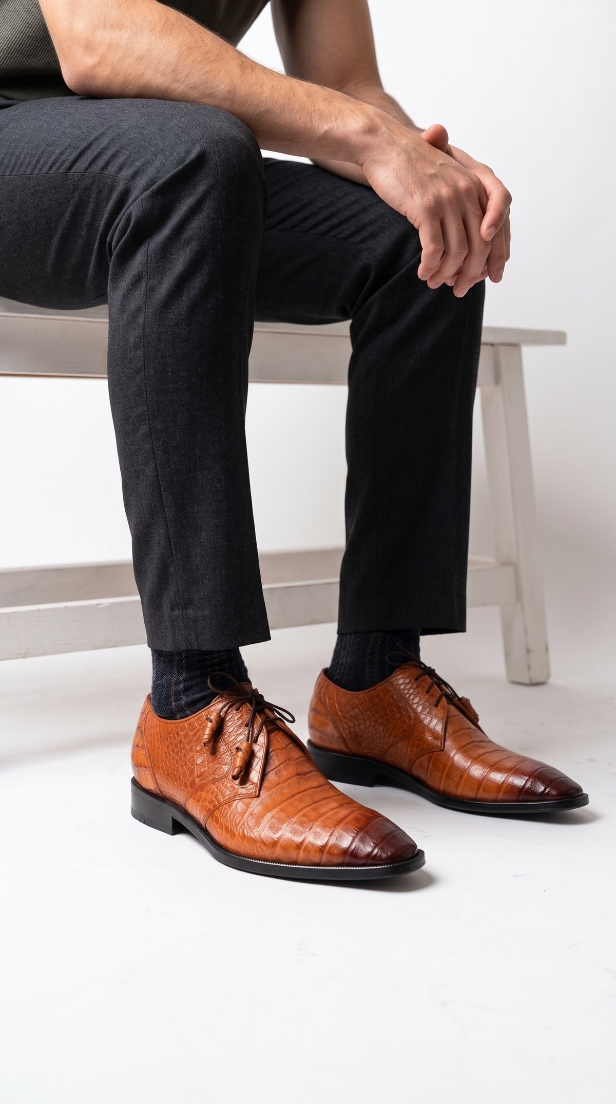 Los Altos Men’s Cognac All-Over Crocodile Lace-Up Shoes, Exotic Formal Dress Shoes