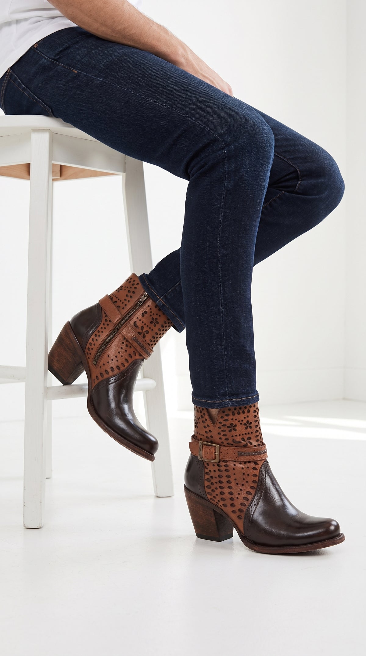 Women’s Brown Leather Short Boots, Oval Toe Ankle Boots with Buckle and Cutout Detail