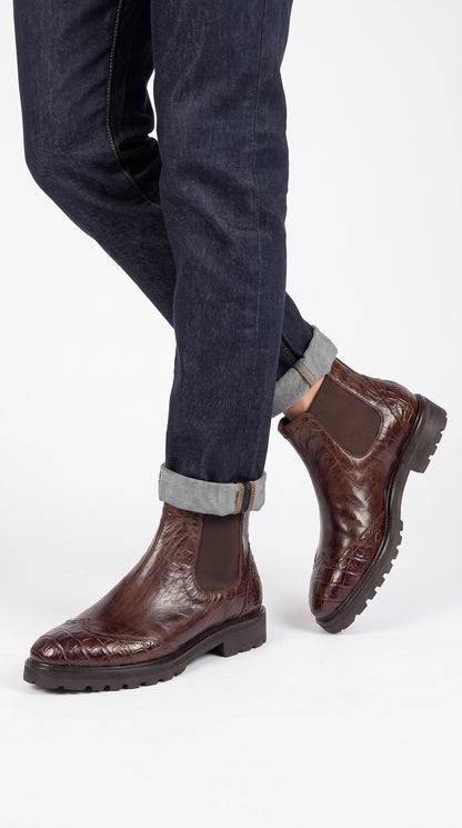 Lombardy Men’s Calfskin Crocodile Chelsea Boots – Tractor Sole Exotic Ankle Boots