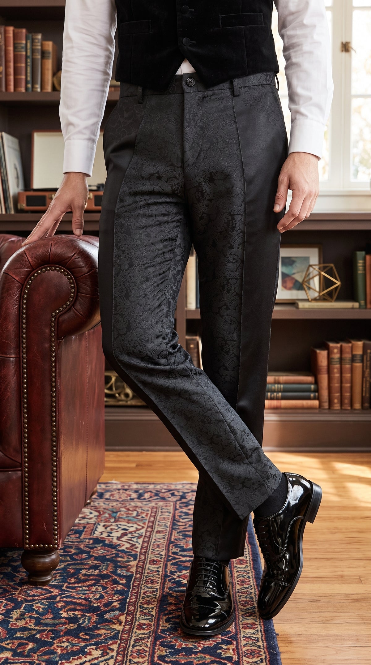 Men’s Black Paisley Dress Pants, Formal Pattern Tuxedo Pants for Weddings Prom and Parties