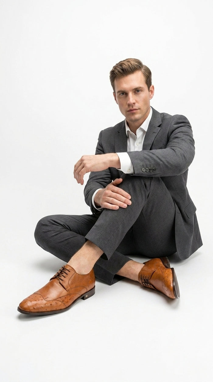 Men’s Cognac Vestigium Genuine Ostrich Derby Shoes, Handcrafted Full Leather Dress Shoes