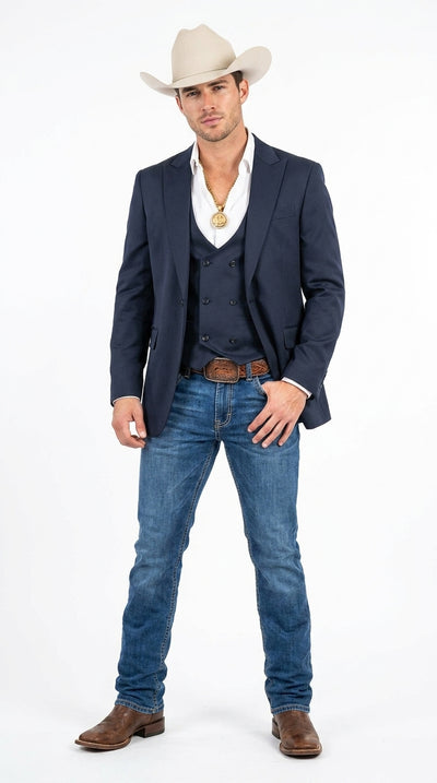 Men’s Navy Western Suit Blazer with Double-Breasted Vest – Modern Cowboy Formal Outfit