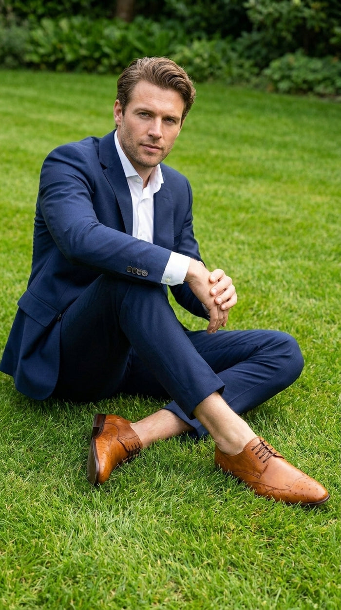 Men’s Cognac Vestigium Genuine Ostrich Derby Shoes, Handcrafted Full Leather Dress Shoes