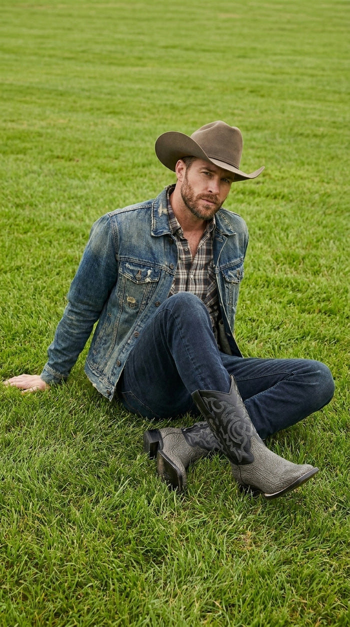 Men’s Los Altos Grey and Black Shark Skin Wide Square Toe Cowboy Boots, Exotic Western Dress Boots