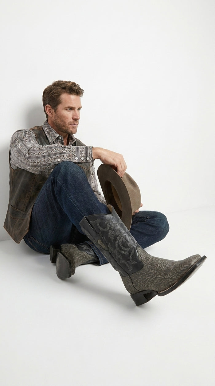 Men’s Los Altos Grey and Black Shark Skin Wide Square Toe Cowboy Boots, Exotic Western Dress Boots