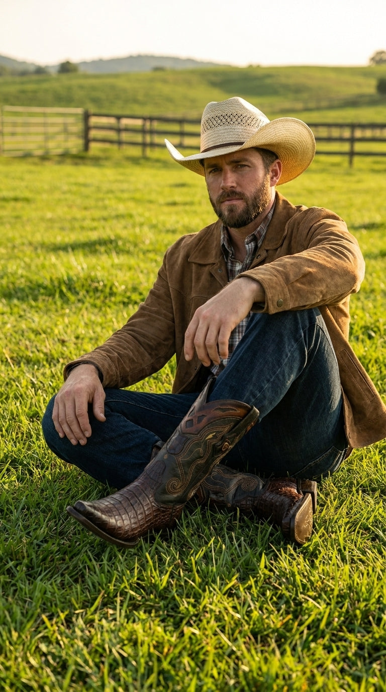 Men’s Brown Caiman Snip Toe Cowboy Boots with Embroidered Shaft, Exotic Western Dress Boots
