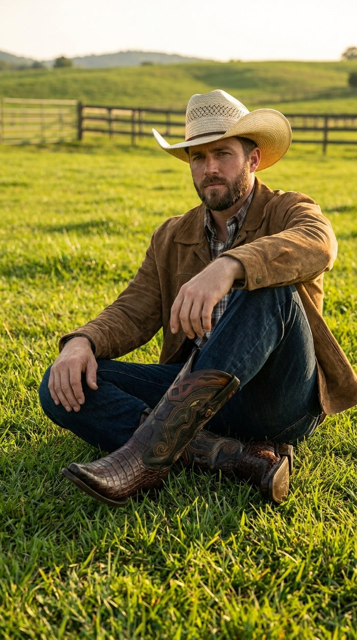 Men’s Brown Caiman Snip Toe Cowboy Boots with Embroidered Shaft, Exotic Western Dress Boots
