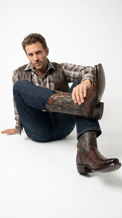 Men’s Brown Caiman Snip Toe Cowboy Boots with Embroidered Shaft, Exotic Western Dress Boots