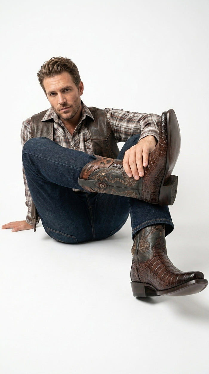 Men’s Brown Caiman Snip Toe Cowboy Boots with Embroidered Shaft, Exotic Western Dress Boots