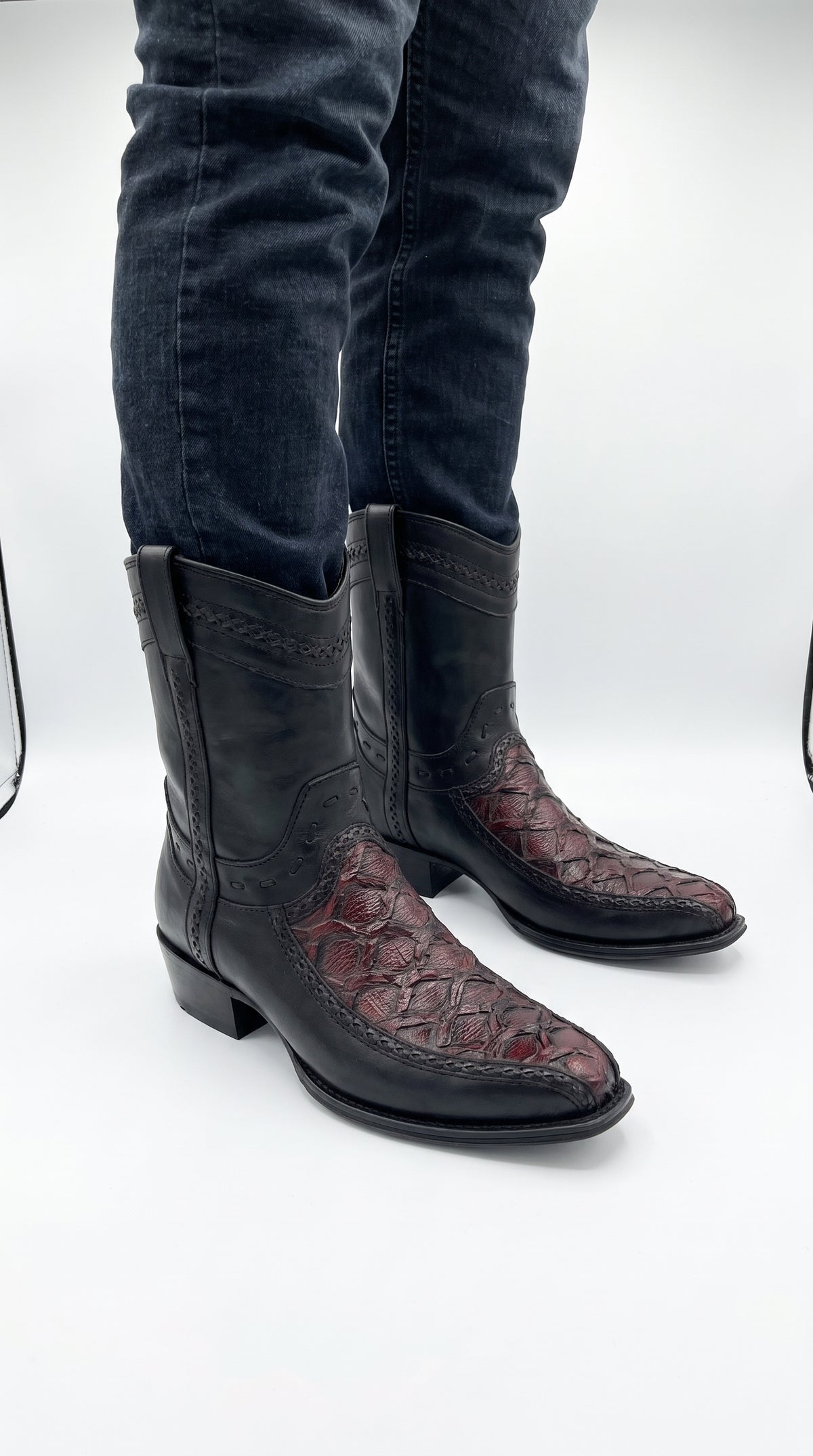 Los Altos Men's Genuine Monster Fish Skin Short Boots – Black Cherry Exotic Leather European Toe Western Cowboy Boots