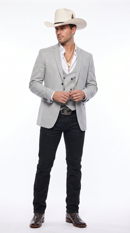 Men’s Light Gray Western Suit Blazer with Double-Breasted Vest, Modern Cowboy Formal Jacket Outfit