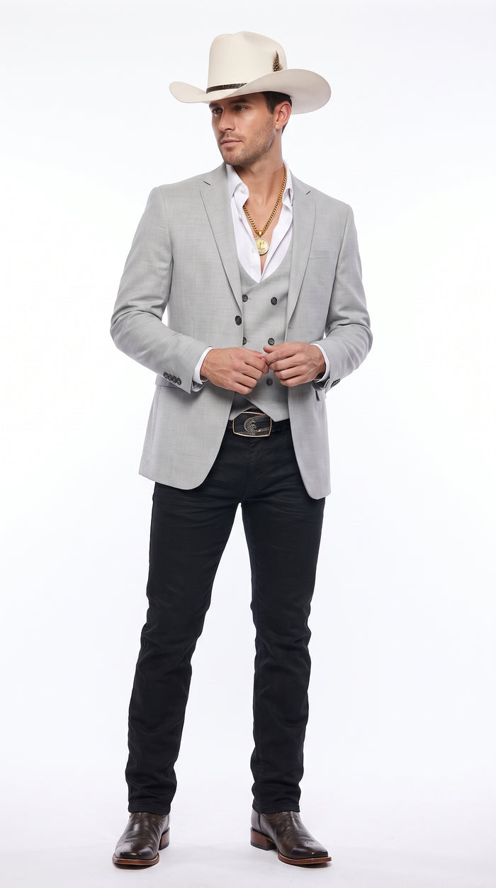 Men’s Light Gray Western Suit Blazer with Double-Breasted Vest, Modern Cowboy Formal Jacket Outfit