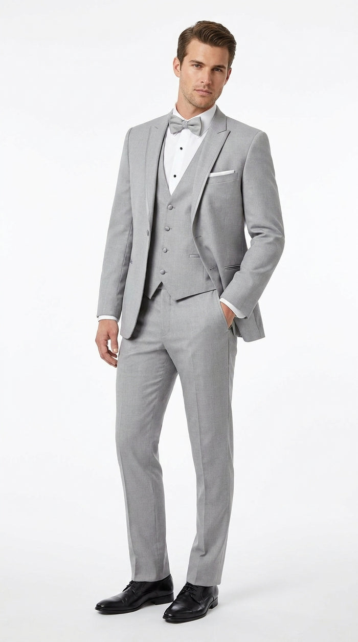 Men’s Light Grey Marseille 1 Button Peak Lapel Tuxedo with Satin Trim, Designer Wedding Suit
