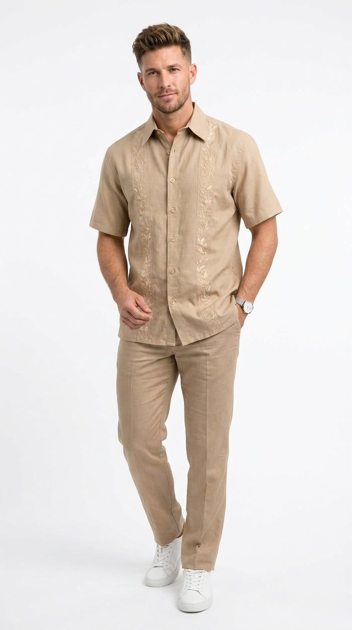 Men’s Sand Beige Embroidered 2 Piece Walking Suit with Short Sleeve Shirt and Matching Pants