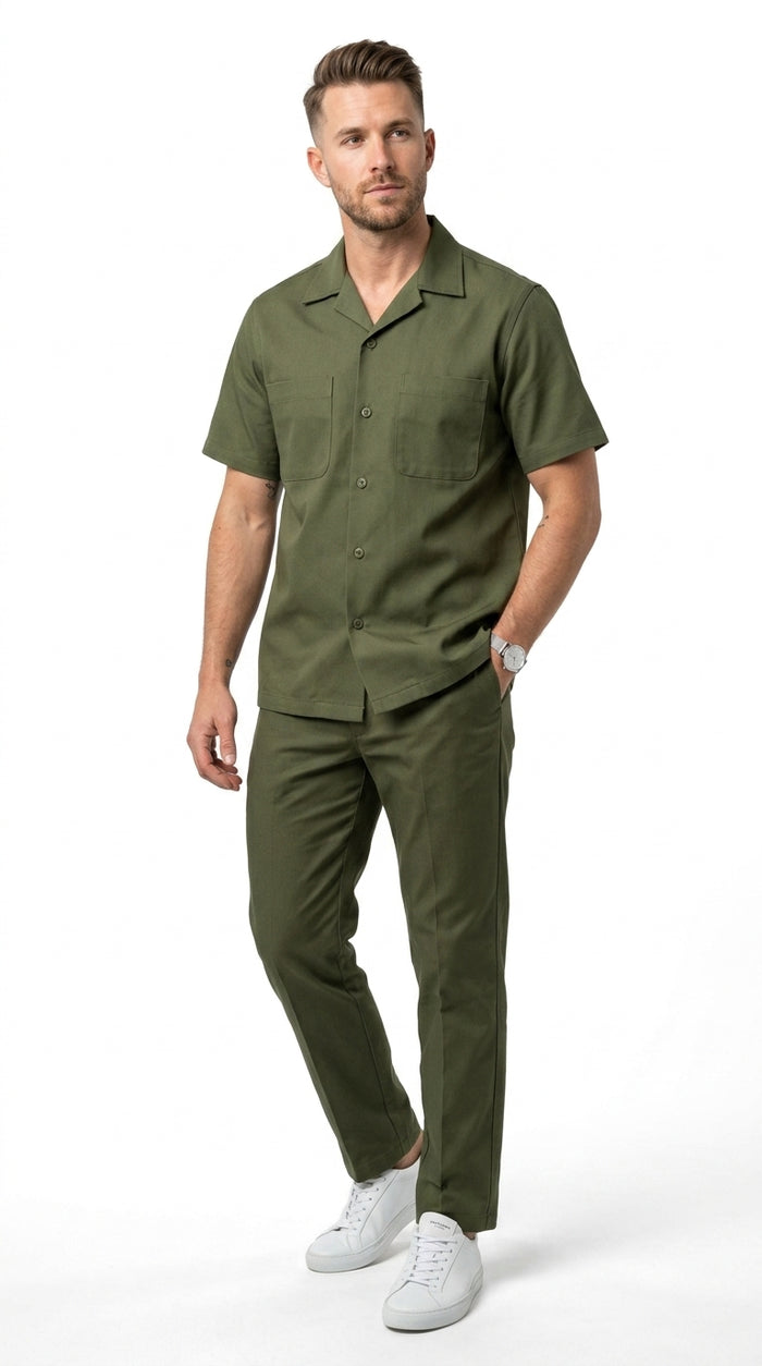 Men’s Olive Short Sleeve Walking Suit with Button Front Shirt and Matching Pants