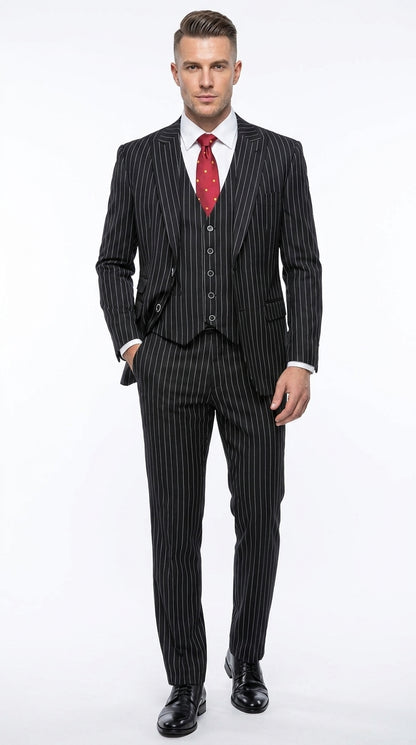 Men’s Black Bold Pinstripe 1920s Suit, Vintage 3 Piece Gangster Suit, Big and Tall Prom Outfit