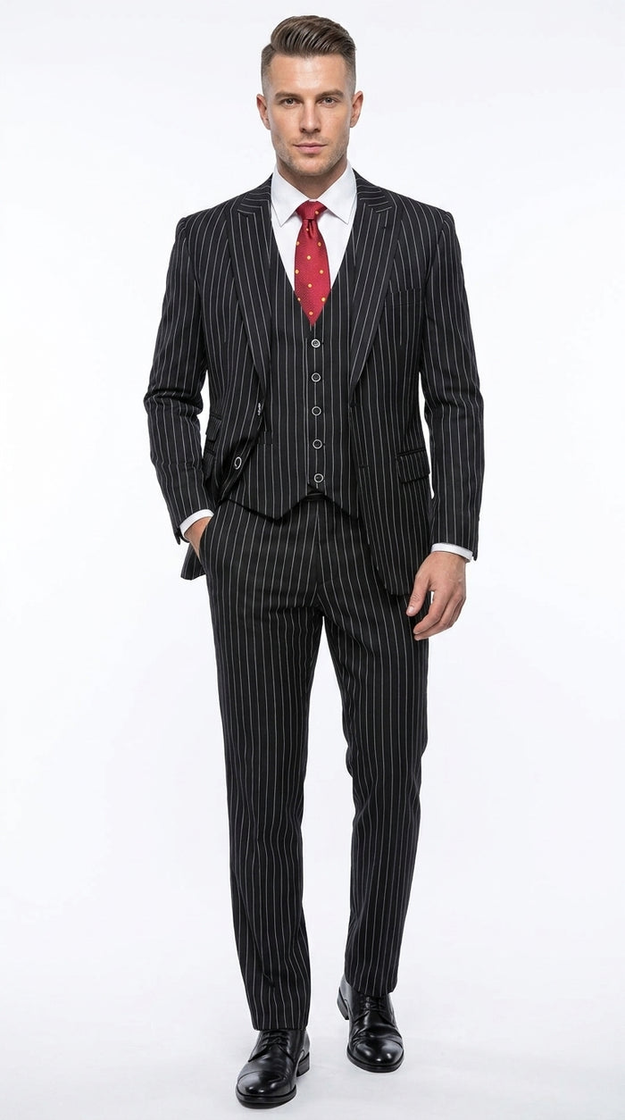 Men’s Black Bold Pinstripe 1920s Suit, Vintage 3 Piece Gangster Suit, Big and Tall Prom Outfit