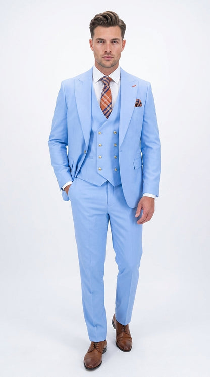 Statement Men’s Light Blue 3 Piece 100% Wool Fashion Suit, Bold Color Formal Wedding Suit