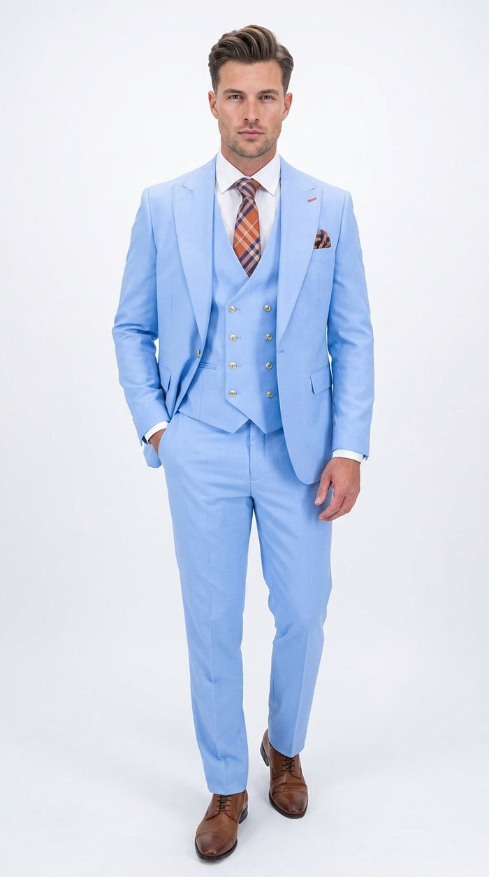 Statement Men’s Light Blue 3 Piece 100% Wool Fashion Suit, Bold Color Formal Wedding Suit