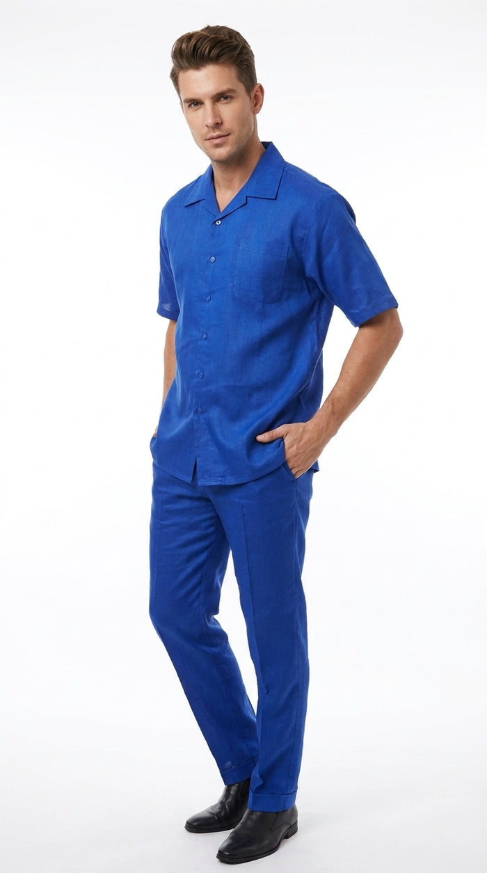 Men’s Royal Blue Linen Shirt and Pants Set, Casual Walking Suit Summer Outfit