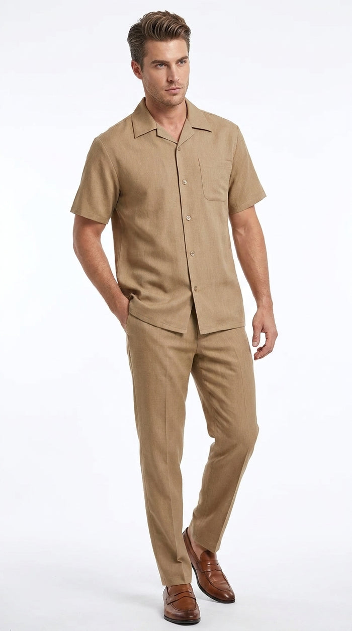 Men’s Tan Short Sleeve Walking Suit Casual Summer Leisure Set 2 Piece Shirt and Pants Outfit