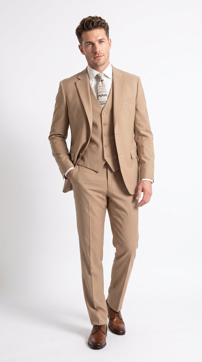 Apollo King Men’s Camel Classic Fit Vested Suit, 3 Piece Formal Wedding Business Dress Suit
