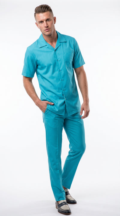 Men’s Turquoise Linen Shirt and Pants Set, Casual Summer Walking Suit Outfit
