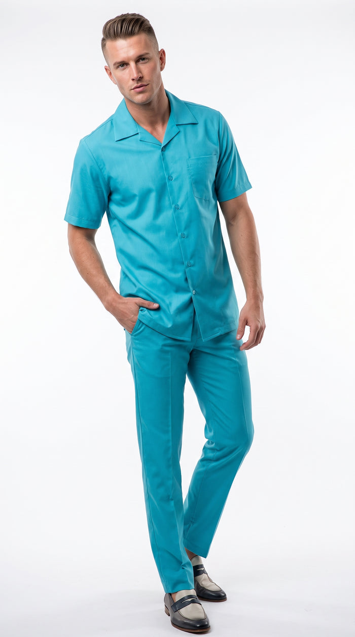 Men’s Turquoise Linen Shirt and Pants Set, Casual Summer Walking Suit Outfit