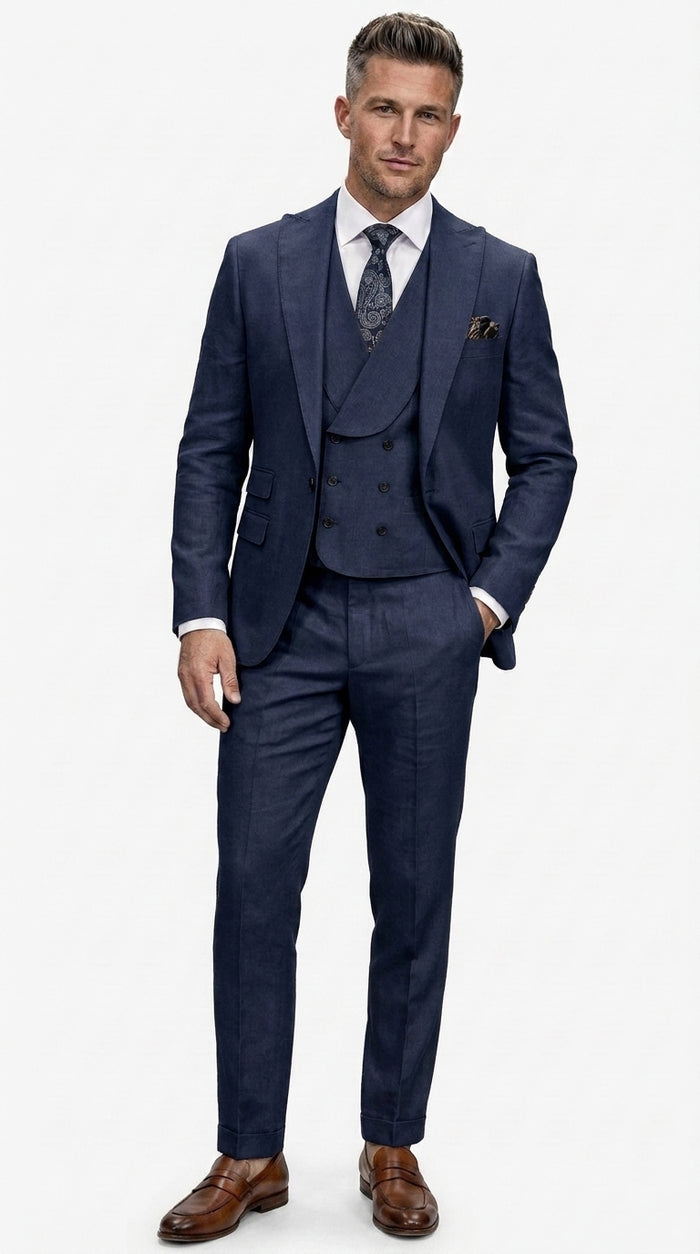 Statement Men’s Tan Wool Suit with Double Breasted Vest, Single Button Big Lapel Formal Dress Suit