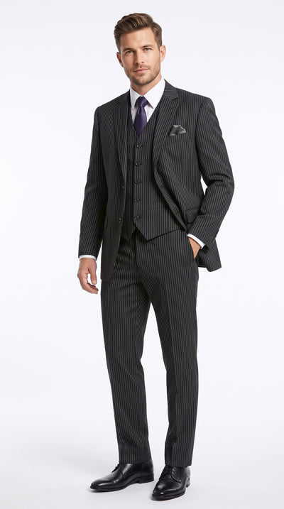 1920s Men’s Black Bold Pinstripe Wide Leg 3 Piece Suit, Vintage Gangster Costume Outfit with Vest