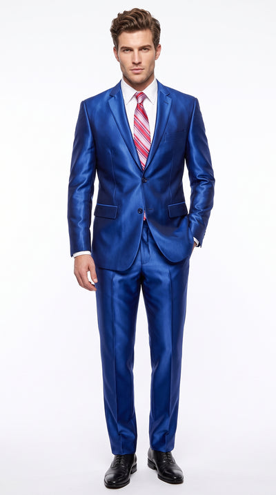 Men’s Royal Blue Shiny Sharkskin Suit, Modern Fit Formal Wedding Prom Dress Suit