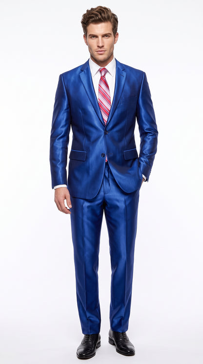 Men’s Royal Blue Shiny Sharkskin Suit, Modern Fit Formal Wedding Prom Dress Suit