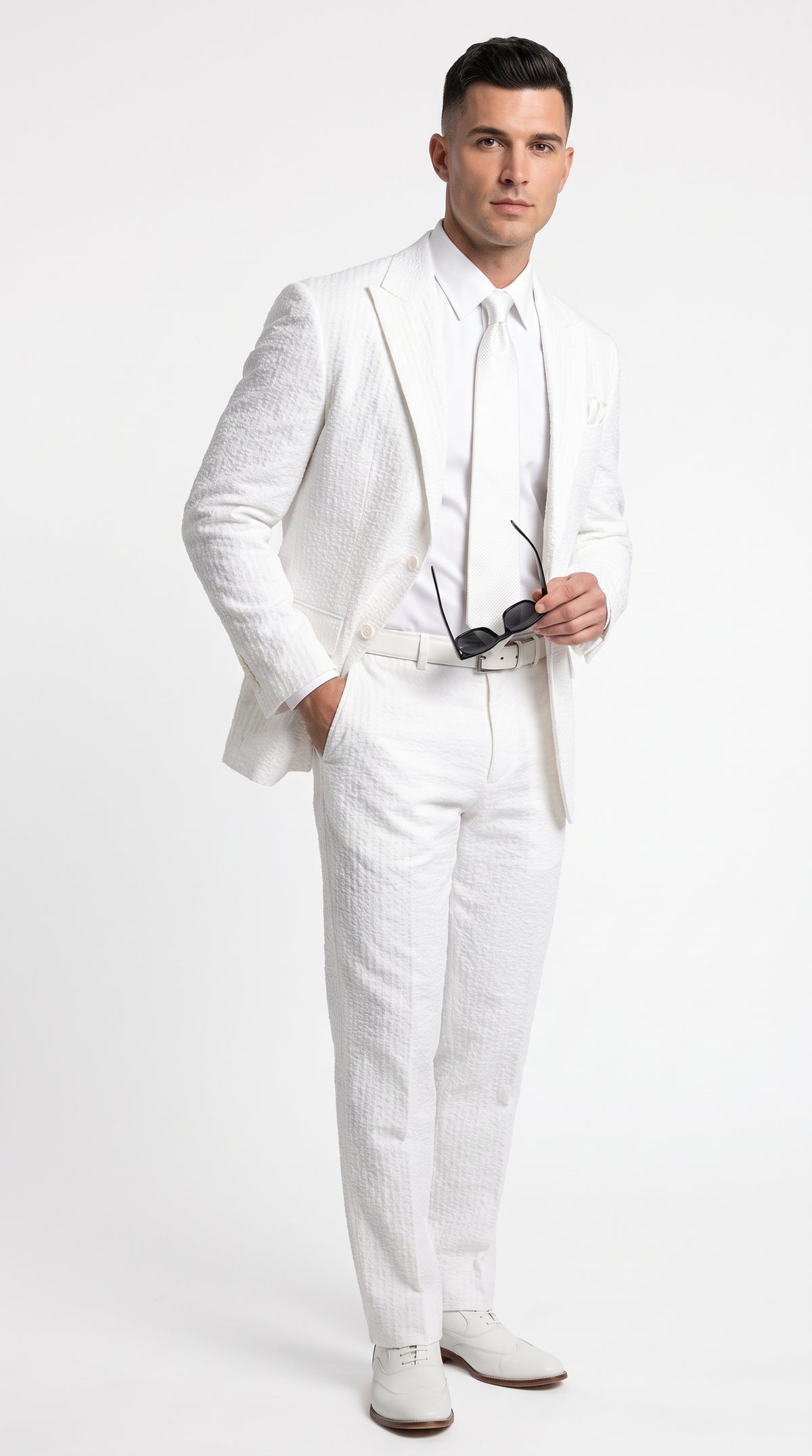 Men’s Premium White Cotton Seersucker Stripe Suit – Lightweight Summer Wedding & Formal Suit