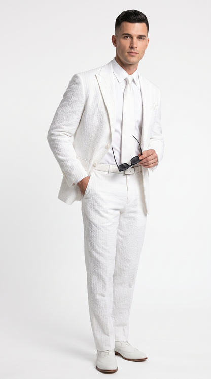 Men’s Premium White Cotton Seersucker Stripe Suit – Lightweight Summer Wedding & Formal Suit
