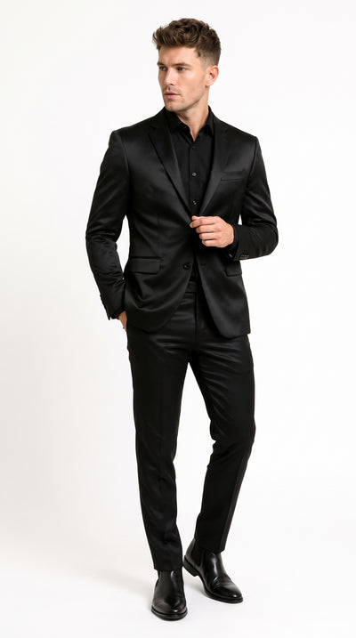 Men’s Black Satin Flex 2 Piece Suit, Slim Fit Sport Coat and Matching Pants Formal Dress Suit