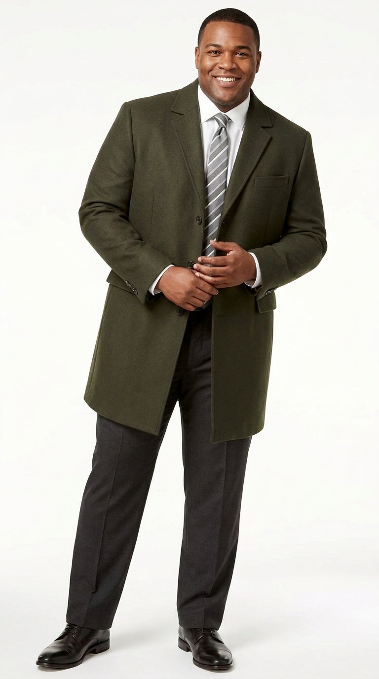 Men's Olive Green Wool Car Coat – Classic Mid-Length Three-Quarter Dress Overcoat for Men