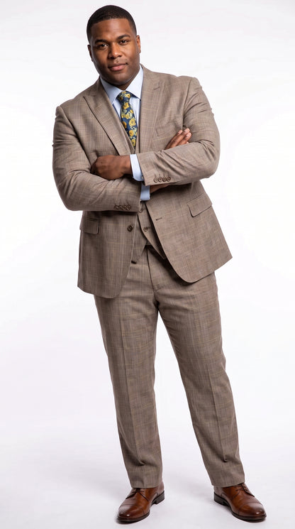 Men’s Tan Plaid 3 Piece Suit, 2 Button Vested Peak Lapel Formal Wedding Business Suit