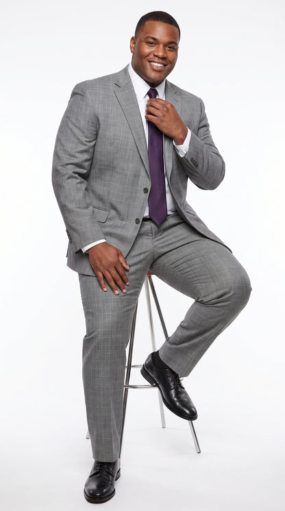 Men’s Grey Plaid 2 Button Suit, Modern Fit Peak Lapel Formal Wedding Business Suit