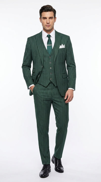 Men’s Hunter Green Great Gatsby Pinstripe Suit, 1920s Gangster 3 Piece Formal Outfit