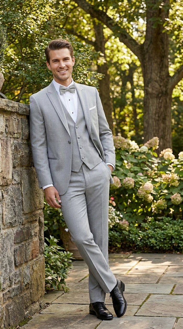 Men’s Light Grey Marseille 1 Button Peak Lapel Tuxedo with Satin Trim, Designer Wedding Suit