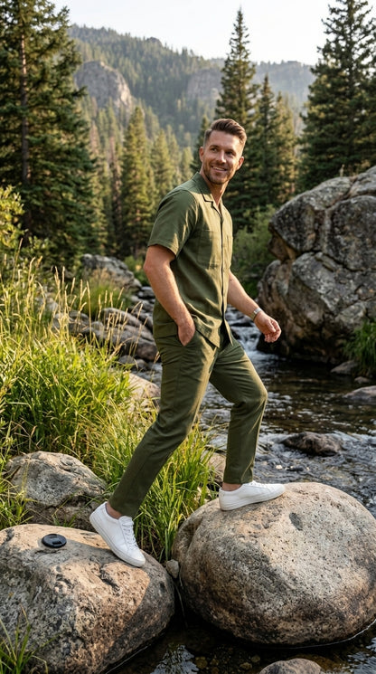 Men’s Olive Short Sleeve Walking Suit with Button Front Shirt and Matching Pants