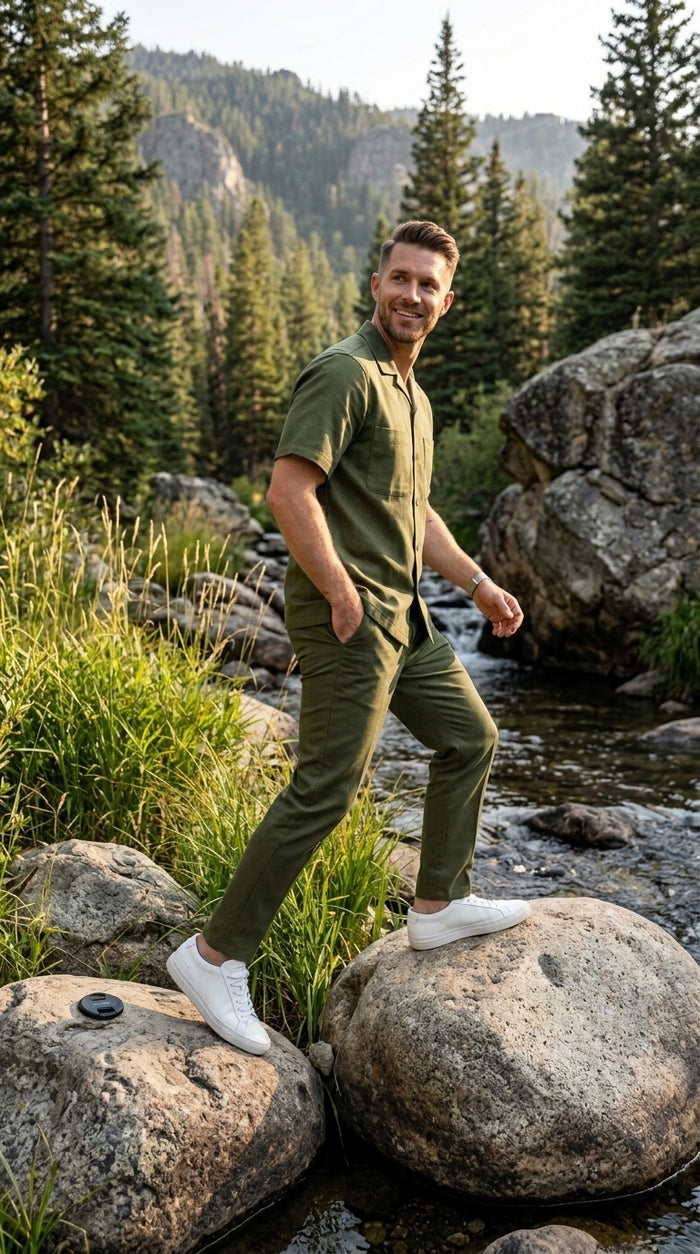 Men’s Olive Short Sleeve Walking Suit with Button Front Shirt and Matching Pants