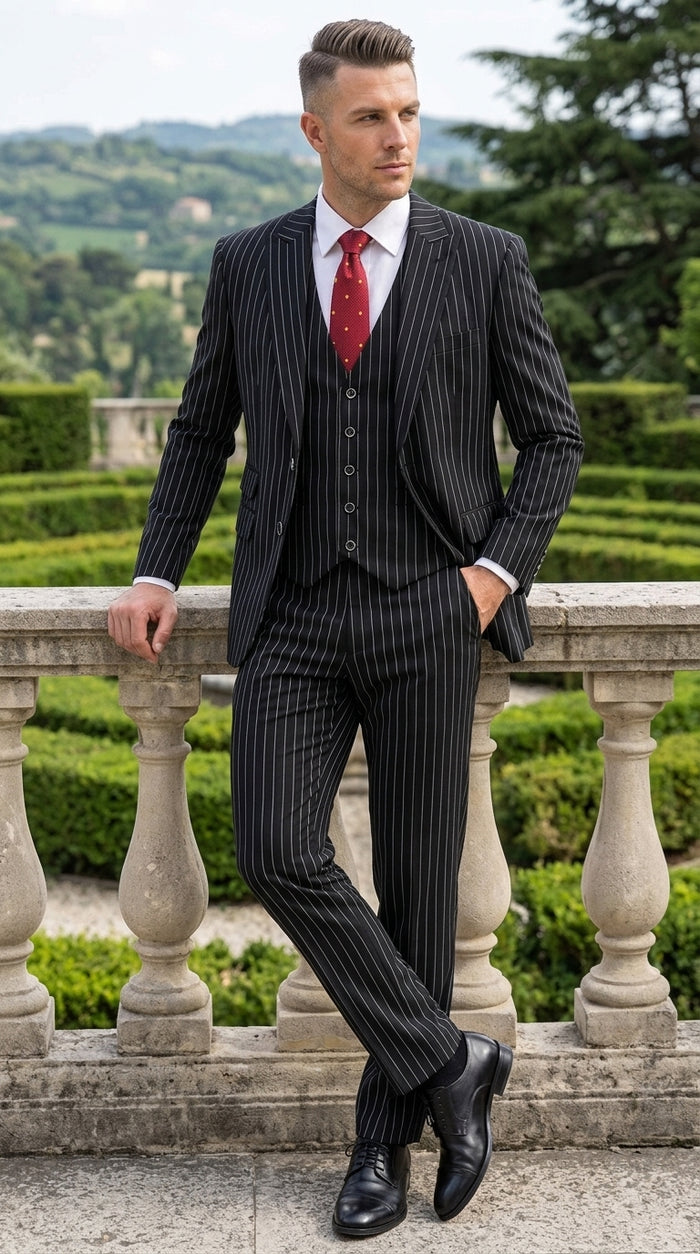 Men’s Black Bold Pinstripe 1920s Suit, Vintage 3 Piece Gangster Suit, Big and Tall Prom Outfit