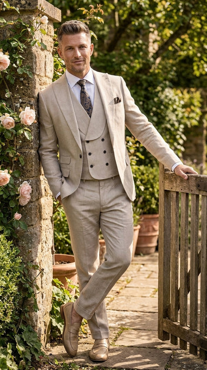 Statement Men’s Tan Wool Suit with Double Breasted Vest, Single Button Big Lapel Formal Dress Suit